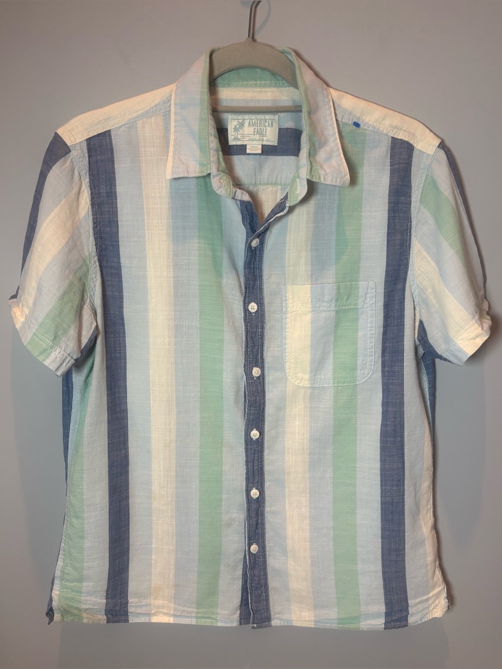 American Eagle Blue Green Stripe Short Sleeve Button Shirt | M
